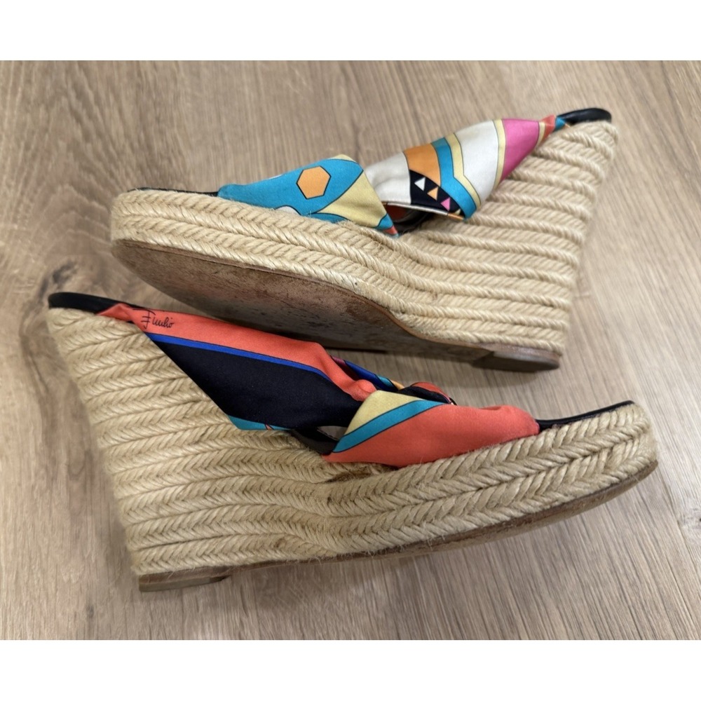 EMILIO PUCCI Wedge Platform Sandals Black/Blue Geometric 40 Made in Spain Y2K - Picture 6 of 8
